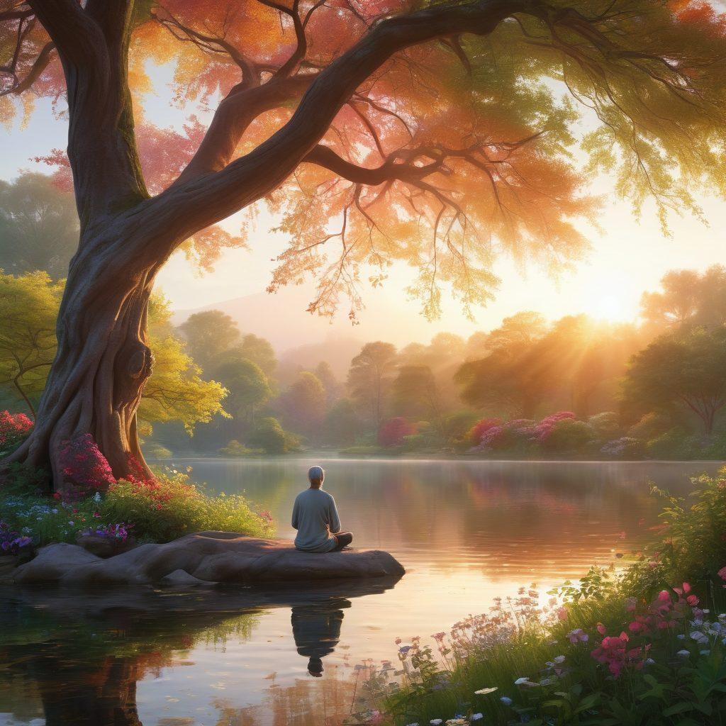 A serene landscape depicting a peaceful sunrise over a tranquil lake, surrounded by lush greenery and blooming flowers. A calming figure sits cross-legged, meditating peacefully under a large, vibrant tree. Soft rays of sunlight filter through the leaves, creating an ethereal atmosphere. The scene embodies the essence of blissful living and inner peace. super-realistic. vibrant colors. 3D.