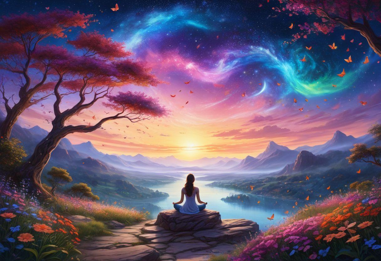 A serene landscape featuring a person meditating under a sparkling starry sky, surrounded by colorful swirls of light symbolizing mentalism and joy. The foreground showcases blooming flowers and playful butterflies, enhancing the theme of blissful living. Include ethereal glow effects to represent magical secrets. vibrant colors. dreamy atmosphere. super-realistic.